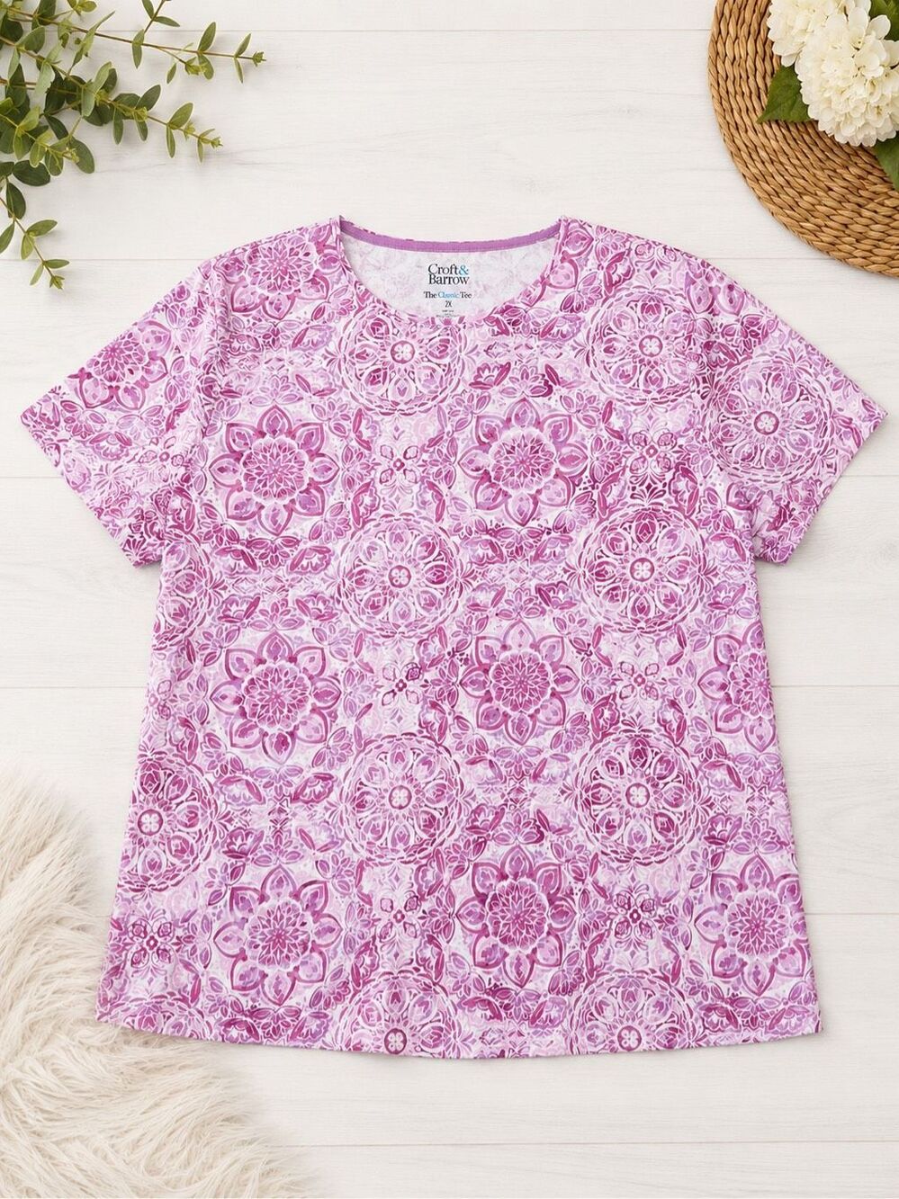 Croft & Barrow Women’s 2X Pink Purple Floral Medallion Short Sleeve Classic Tee